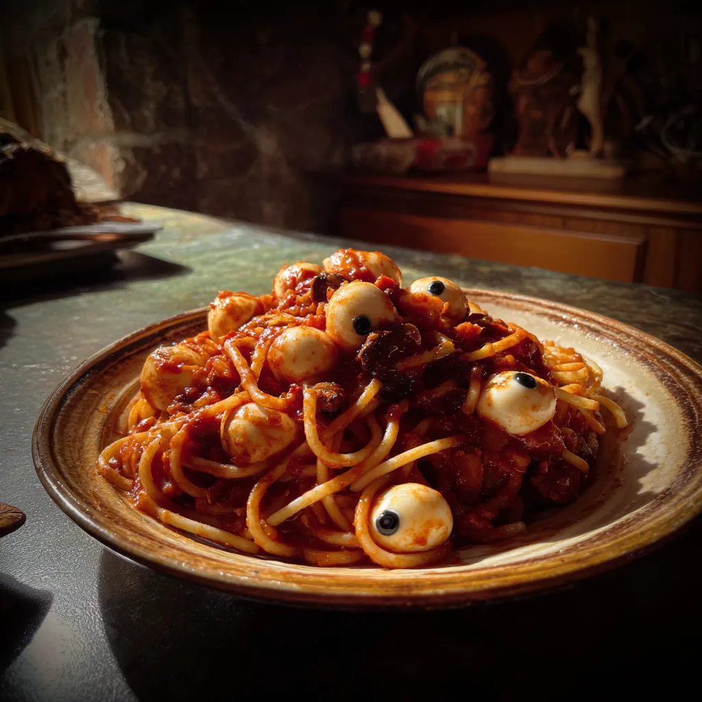 Bloody Spaghetti with Mozzarella Eyeballs: A Spooky Treat!