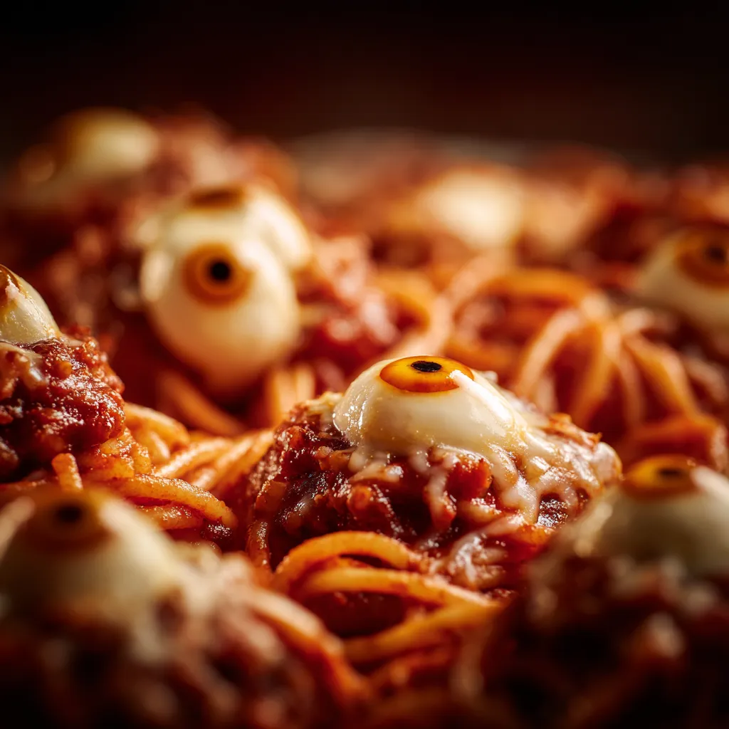 Bloody Spaghetti with Mozzarella Eyeballs