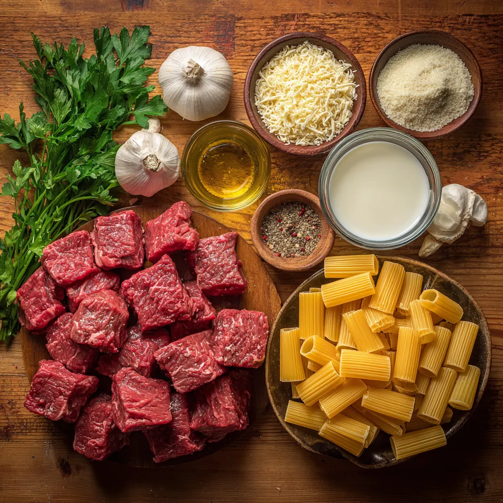 Cajun Steak Tips in Cheesy Rigatoni Parmesan Sauce