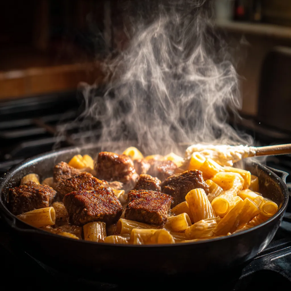 Cajun Steak Tips in Cheesy Rigatoni Parmesan Sauce