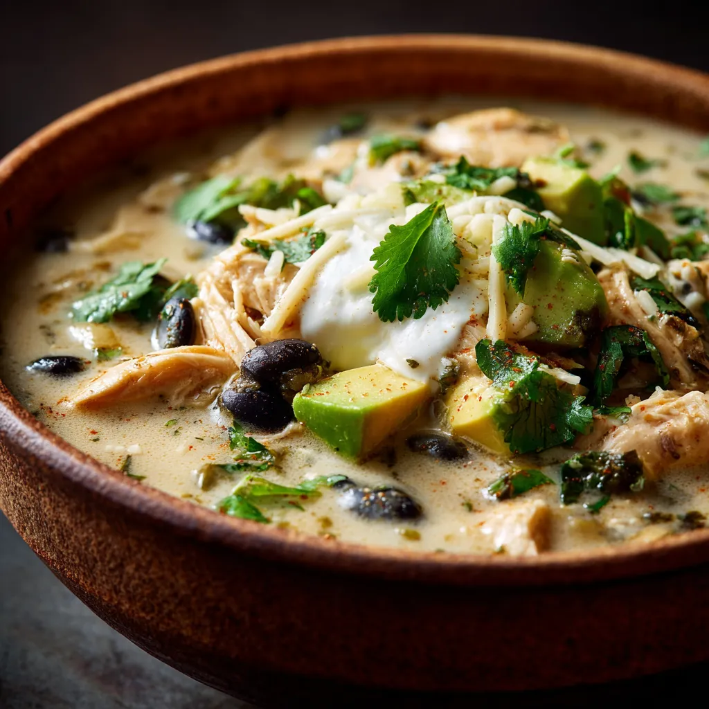 Creamy Chicken Soup with Poblanos and Black Beans