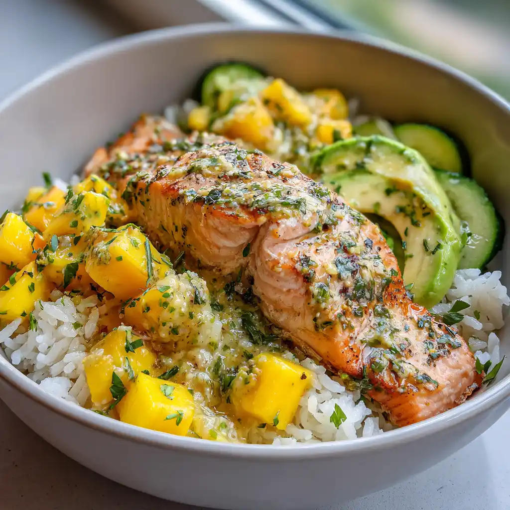 Easy Garlic Herb Salmon Mango Rice Bowl