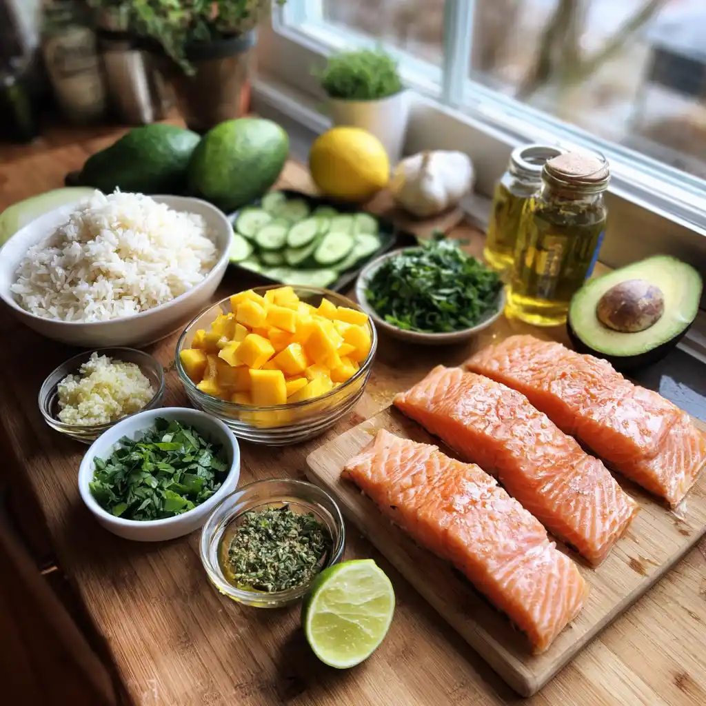 Garlic Herb Salmon Mango Rice Bowl